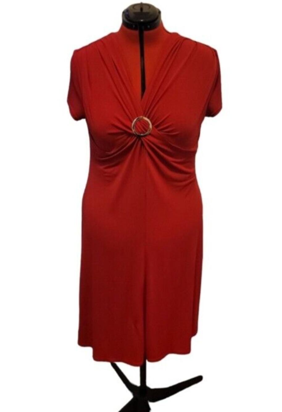 SL Fashions short sleeve v neck midi dress, center buckle detail,  size 16